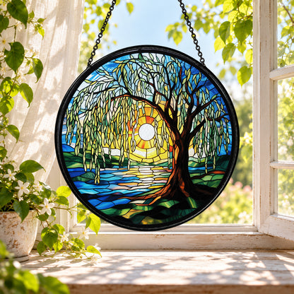 Golden Tree by the Moonlit River stained glass window suncatcher – third gallery view