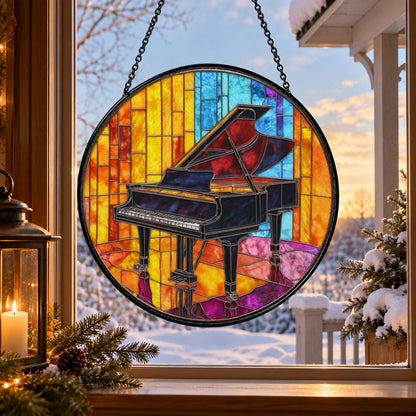 Grand Piano with Rainbow Glass stained glass suncatcher window hanging – front design view
