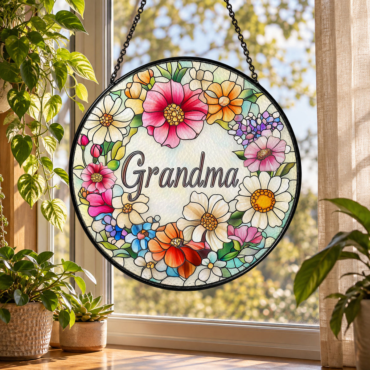Grandma Floral Wreath Name Design stained glass suncatcher window hanging – front design view