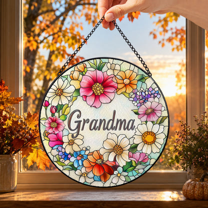 Grandma Floral Wreath Name Design round stained glass window hanging – second gallery view