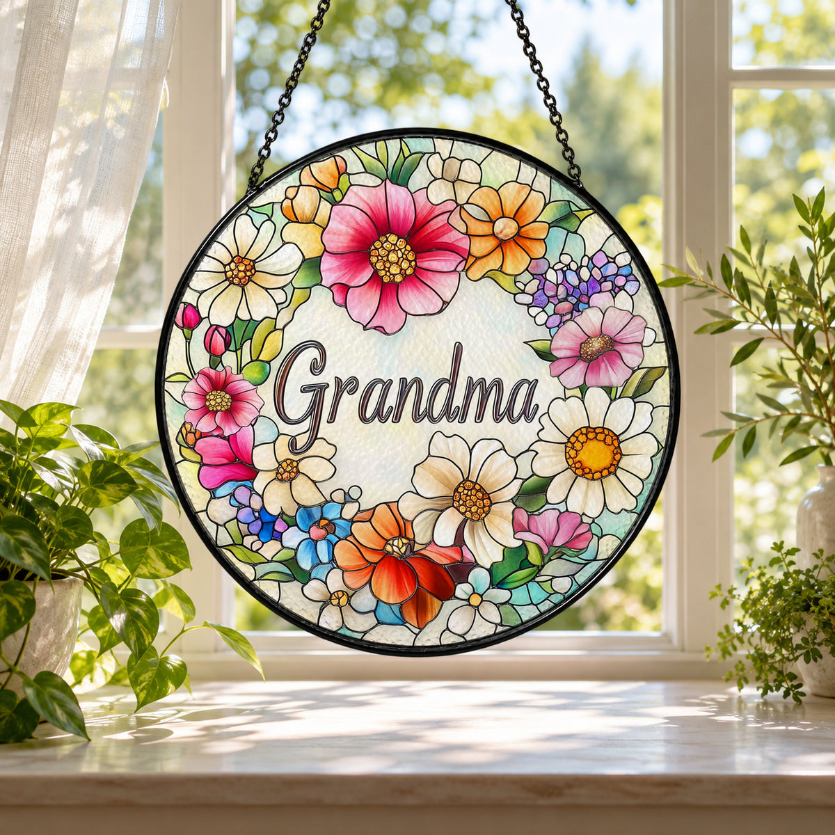Grandma Floral Wreath Name Design stained glass window suncatcher – third gallery view