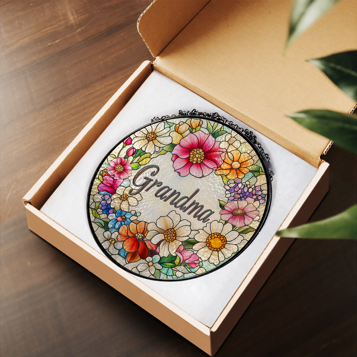 Grandma Floral Wreath Name Design stained glass suncatcher – flat printed artwork design