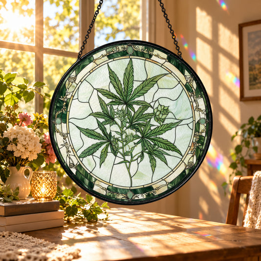 Green Botanical Leaf Illustration stained glass suncatcher window hanging – front design view