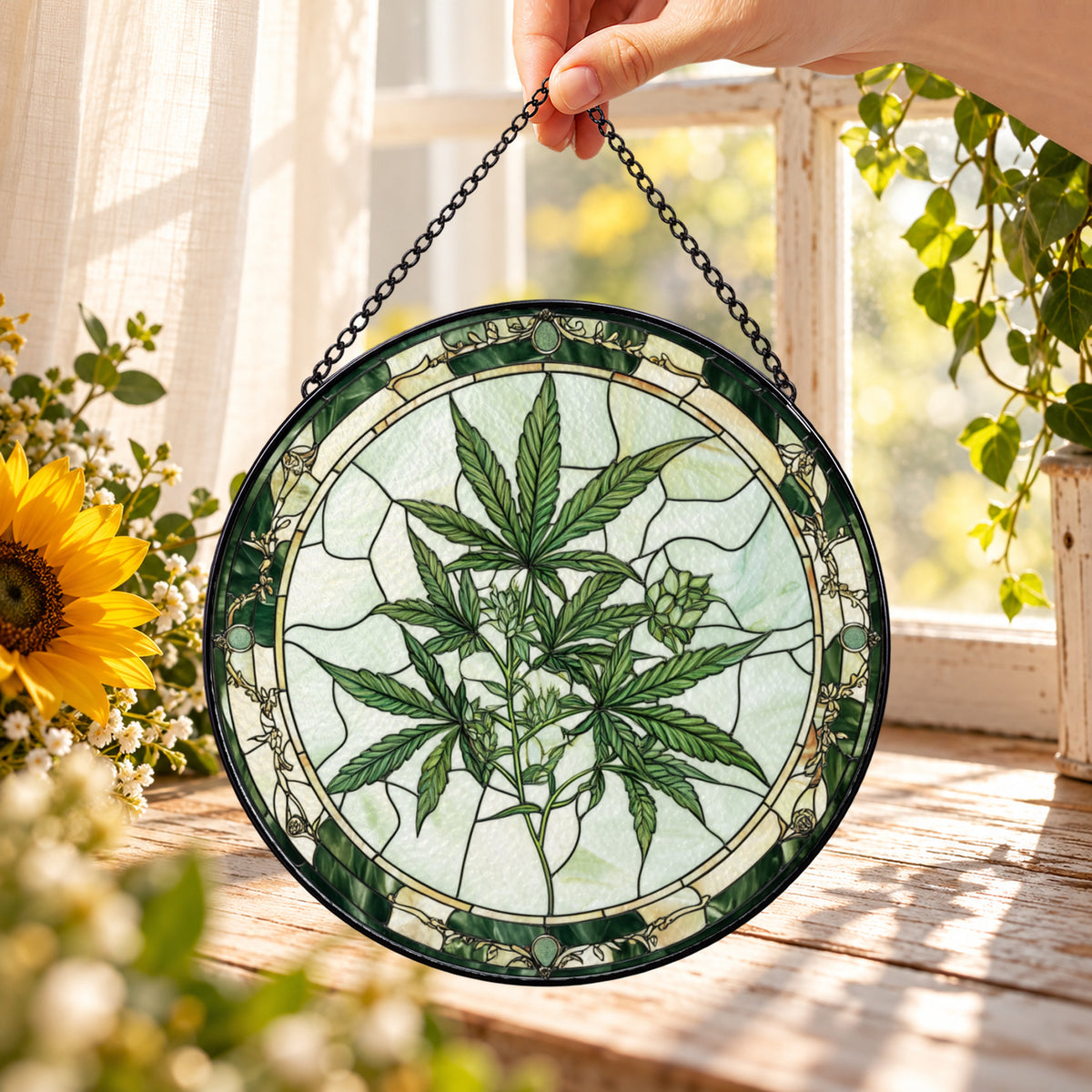 Green Botanical Leaf Illustration round stained glass window hanging – second gallery view