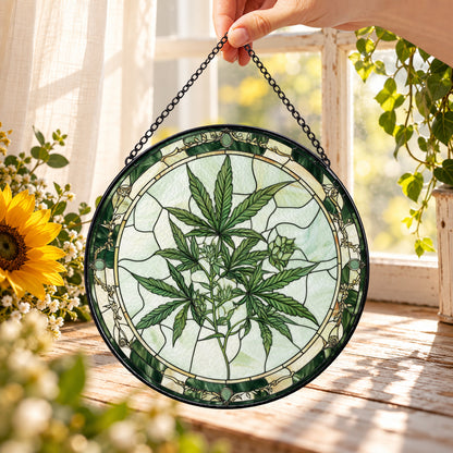 Green Botanical Leaf Illustration round stained glass window hanging – second gallery view