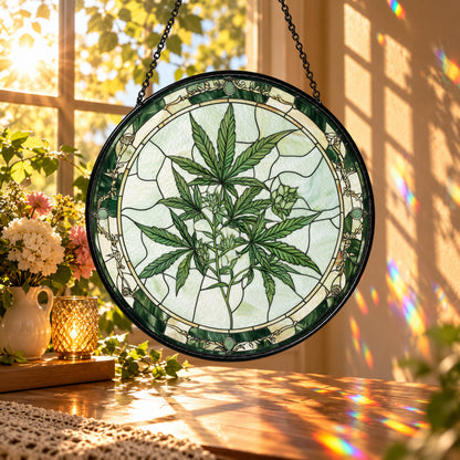 Green Botanical Leaf Illustration stained glass window suncatcher – third gallery view