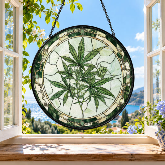 Green Botanical Leaf Mosaic stained glass suncatcher window hanging – front design view