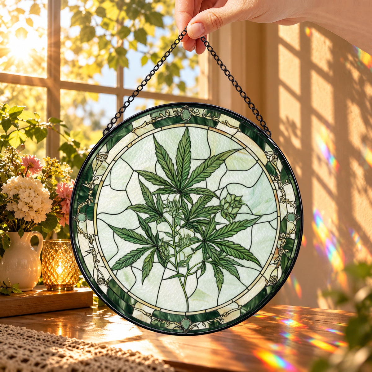 Green Botanical Leaf Mosaic round stained glass window hanging – second gallery view