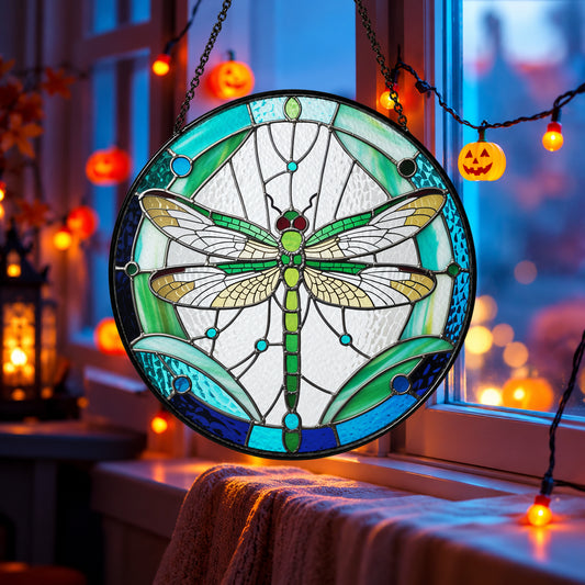 Green Dragonfly and Turquoise Wings stained glass suncatcher window hanging – front design view