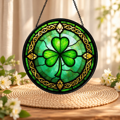 Green Four Leaf Shamrock Celtic Knot stained glass suncatcher window hanging – front design view