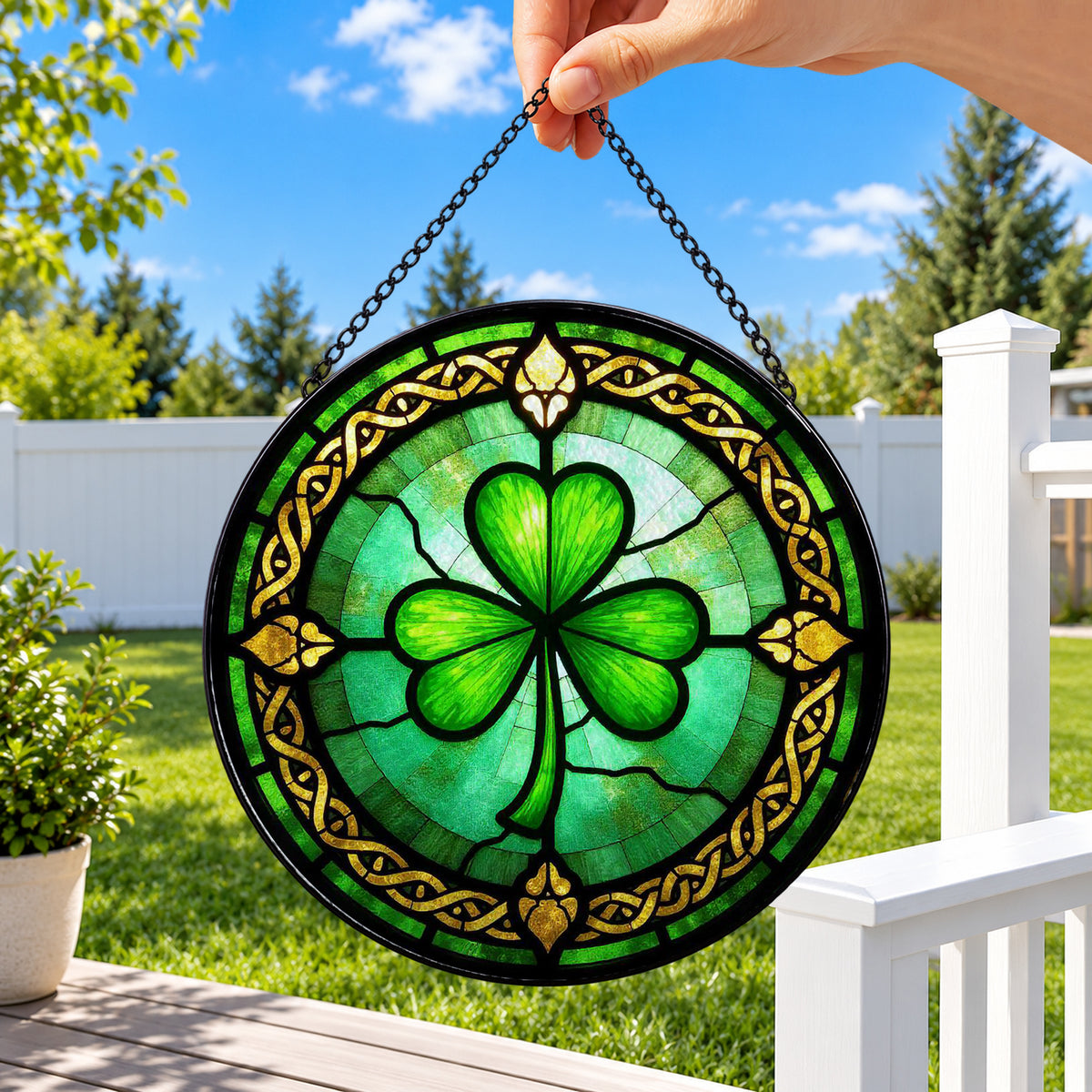 Green Four Leaf Shamrock Celtic Knot round stained glass window hanging – second gallery view