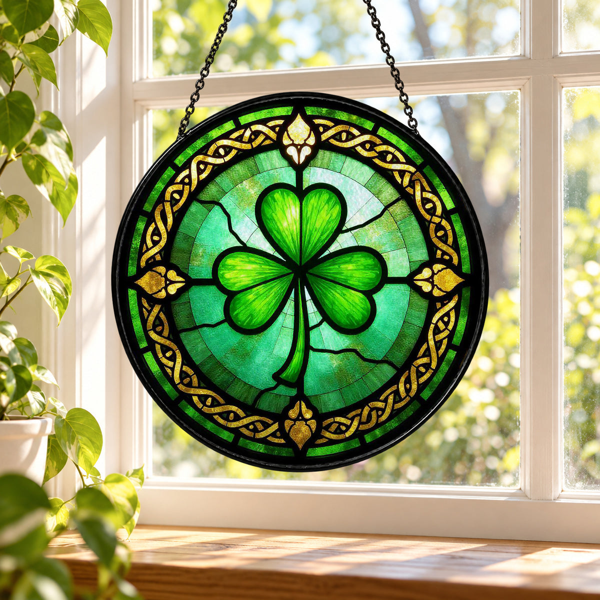 Green Four Leaf Shamrock Celtic Knot stained glass window suncatcher – third gallery view