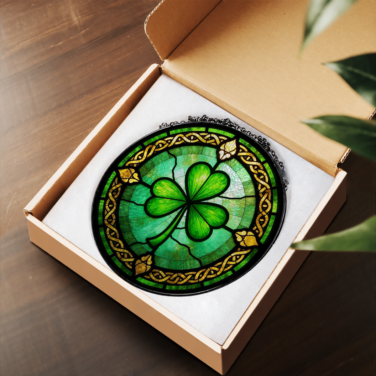 Green Four Leaf Shamrock Celtic Knot stained glass suncatcher – flat printed artwork design
