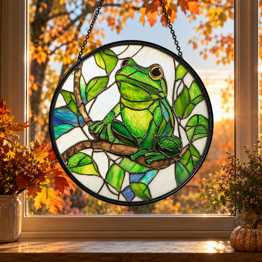 Green Frog on Rainforest Branch stained glass suncatcher window hanging – front design view
