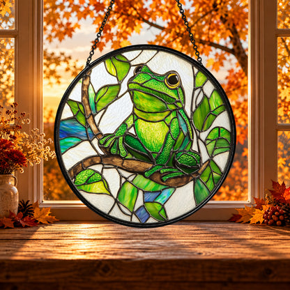Green Frog on Rainforest Branch stained glass window suncatcher – third gallery view