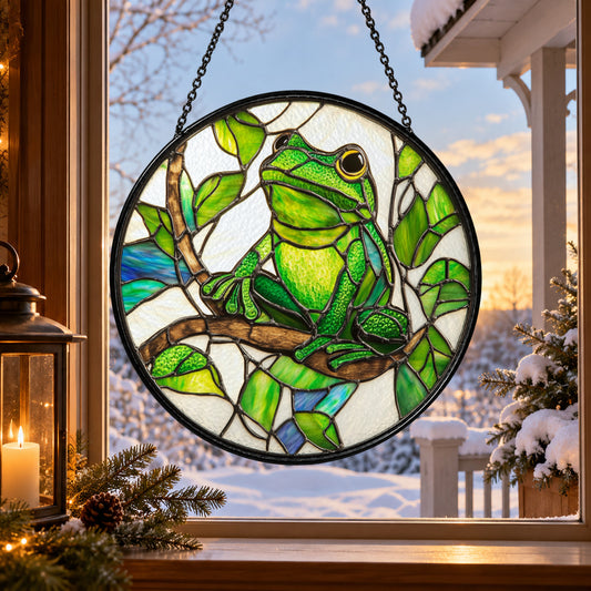 Green Frog on Tropical Leaves stained glass suncatcher window hanging – front design view
