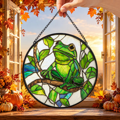 Green Frog on Tropical Leaves round stained glass window hanging – second gallery view