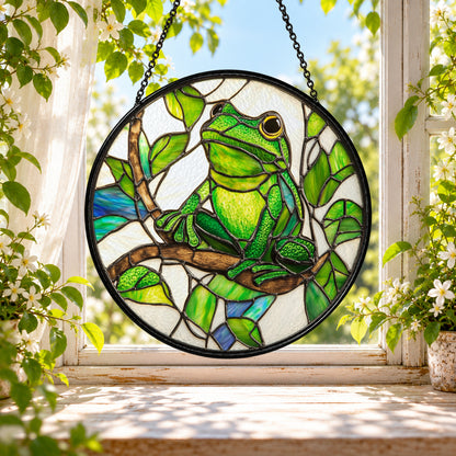 Green Frog on Tropical Leaves stained glass window suncatcher – third gallery view