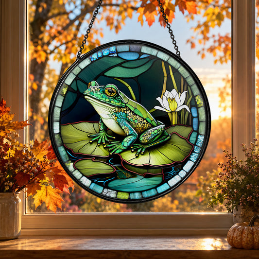 Green Frog on Water Lily Pad stained glass suncatcher window hanging – front design view