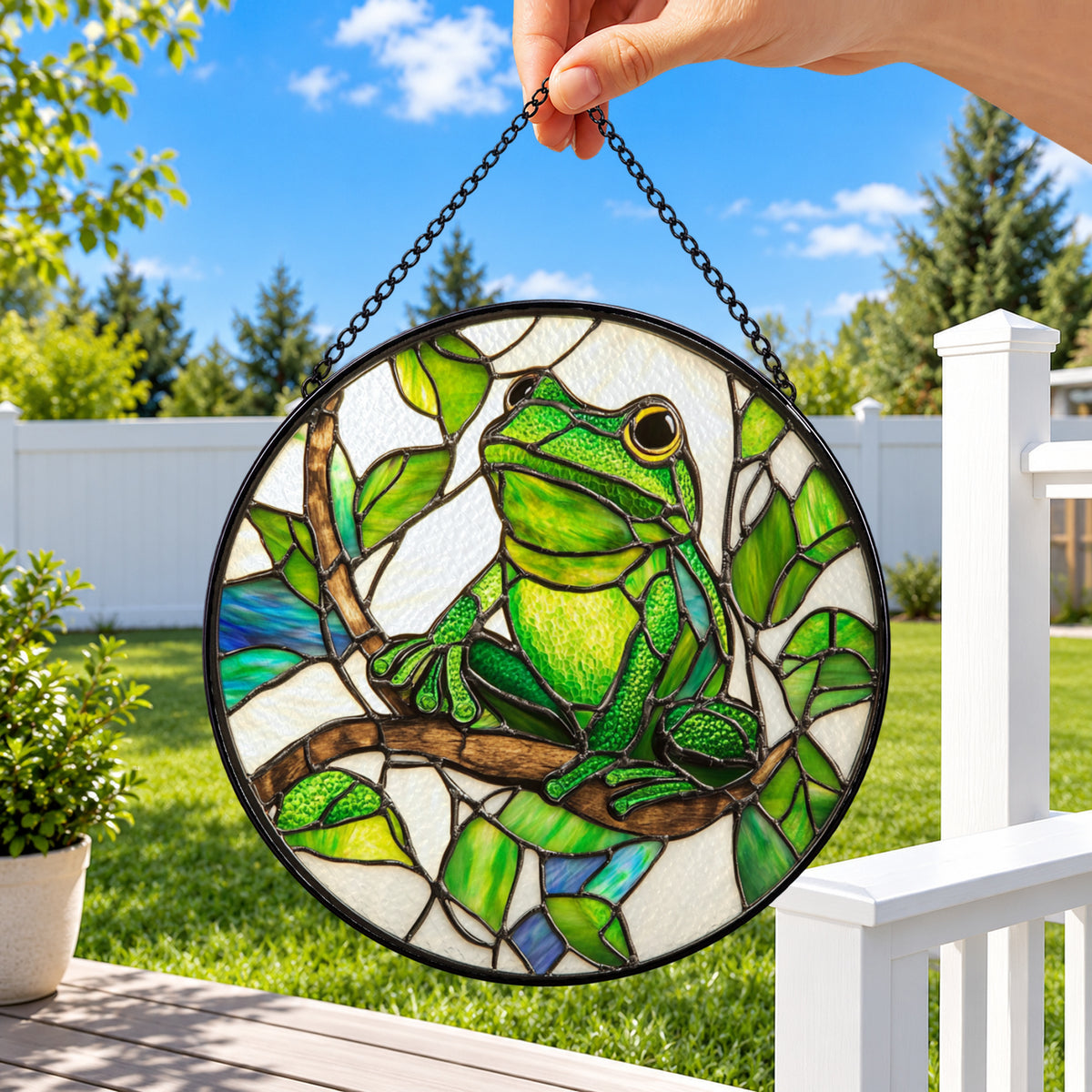 Green Tree Frog on Lily Pad round stained glass window hanging – second gallery view