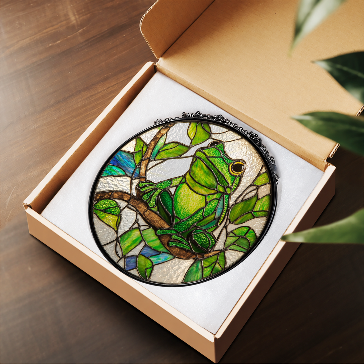 Green Tree Frog on Lily Pad stained glass suncatcher – flat printed artwork design