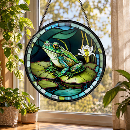 Green Tree Frog on Lily Pads stained glass suncatcher window hanging – front design view