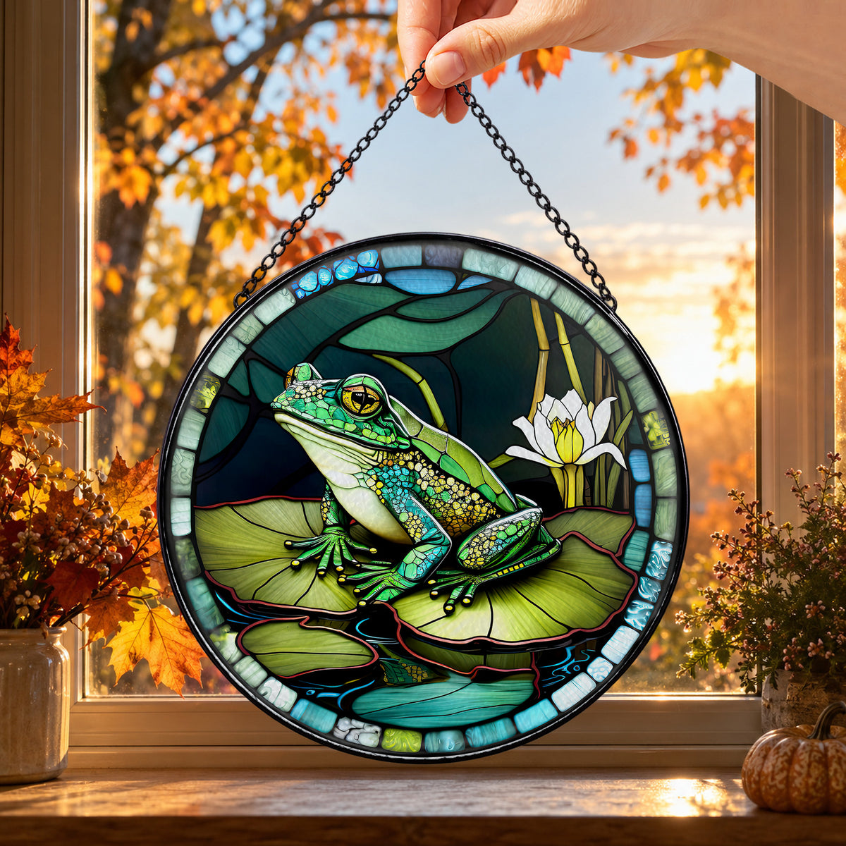 Green Tree Frog on Lily Pads round stained glass window hanging – second gallery view