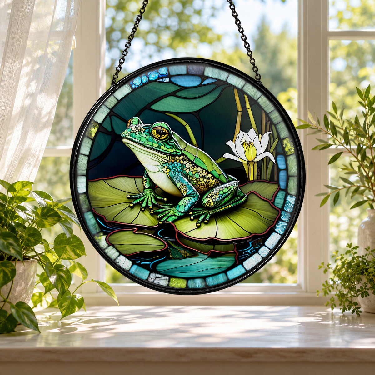 Green Tree Frog on Lily Pads stained glass window suncatcher – third gallery view
