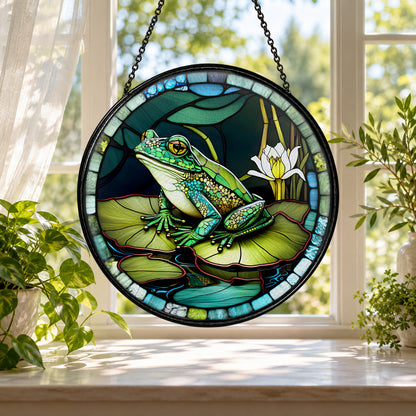 Green Tree Frog on Lily Pads stained glass window suncatcher – third gallery view