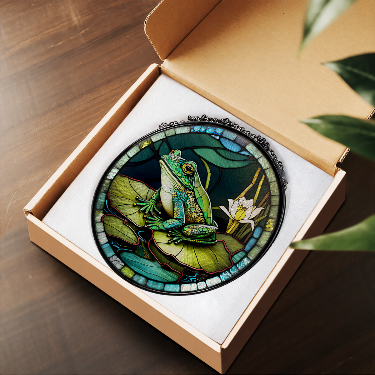 Green Tree Frog on Lily Pads stained glass suncatcher – flat printed artwork design
