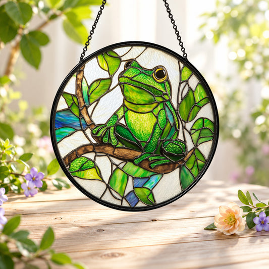 Green Tree Frog on Tropical Leaves stained glass suncatcher window hanging – front design view