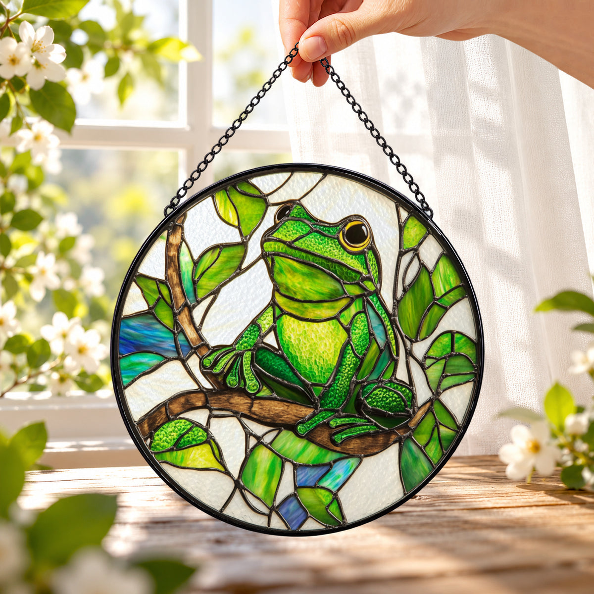 Green Tree Frog on Tropical Leaves round stained glass window hanging – second gallery view