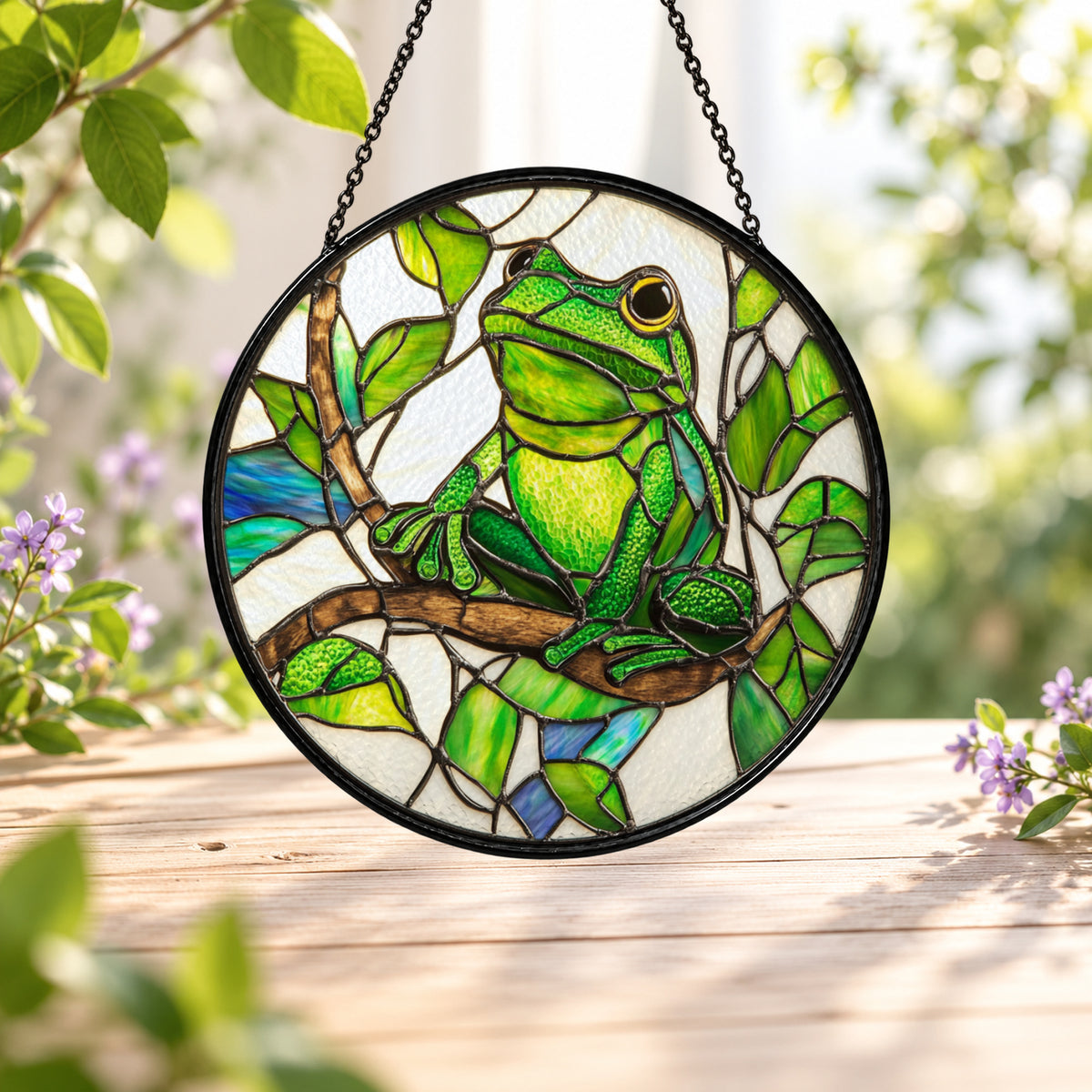 Green Tree Frog on Tropical Leaves stained glass window suncatcher – third gallery view