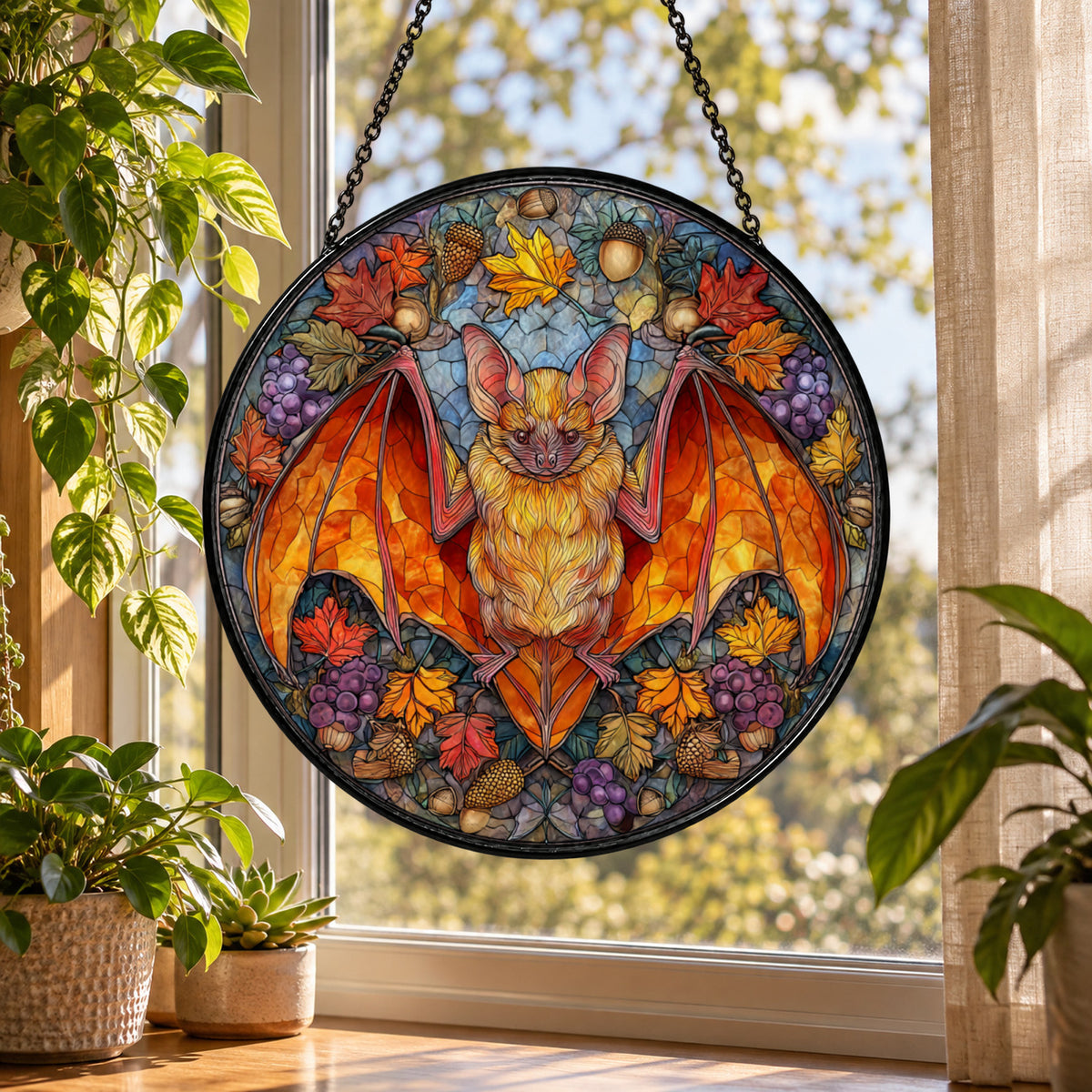 Halloween Bat with Fall Flowers stained glass suncatcher window hanging – front design view