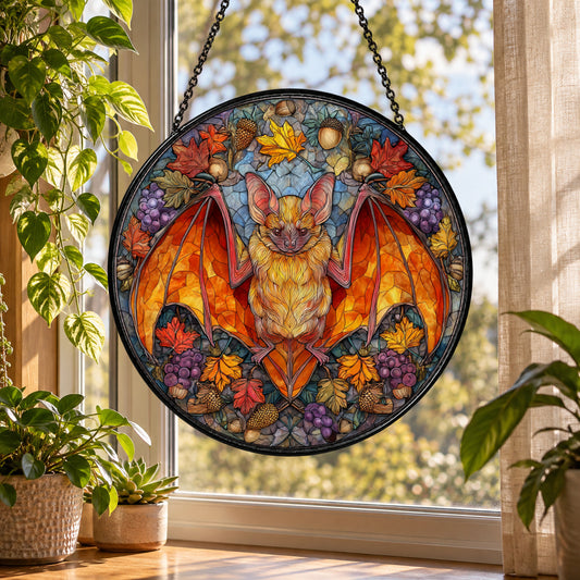 Halloween Bat with Fall Flowers stained glass suncatcher window hanging – front design view