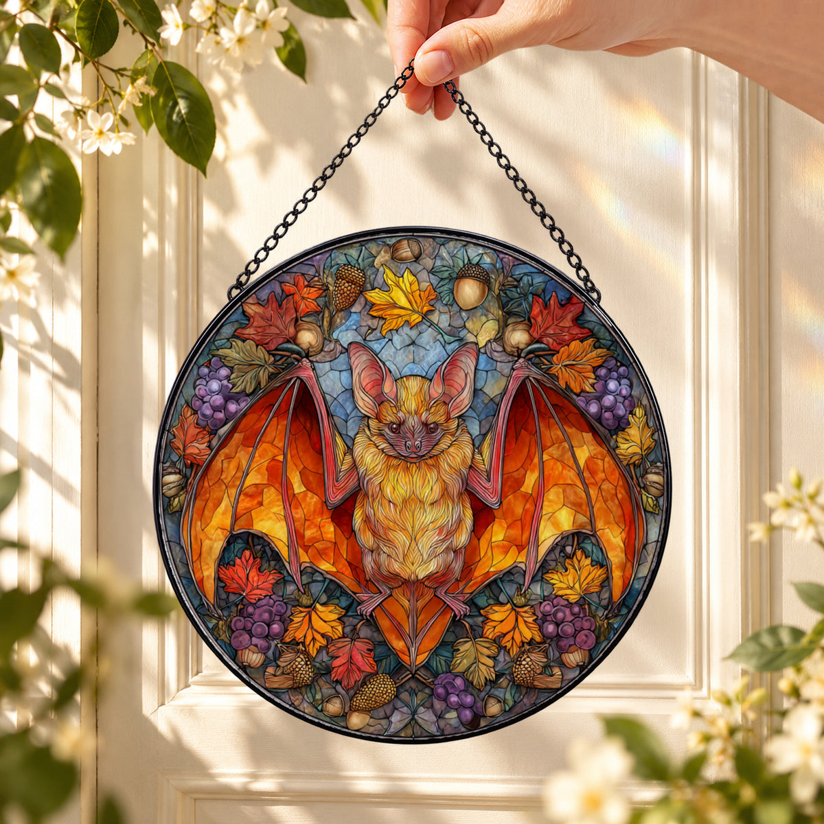 Halloween Bat with Fall Flowers round stained glass window hanging – second gallery view