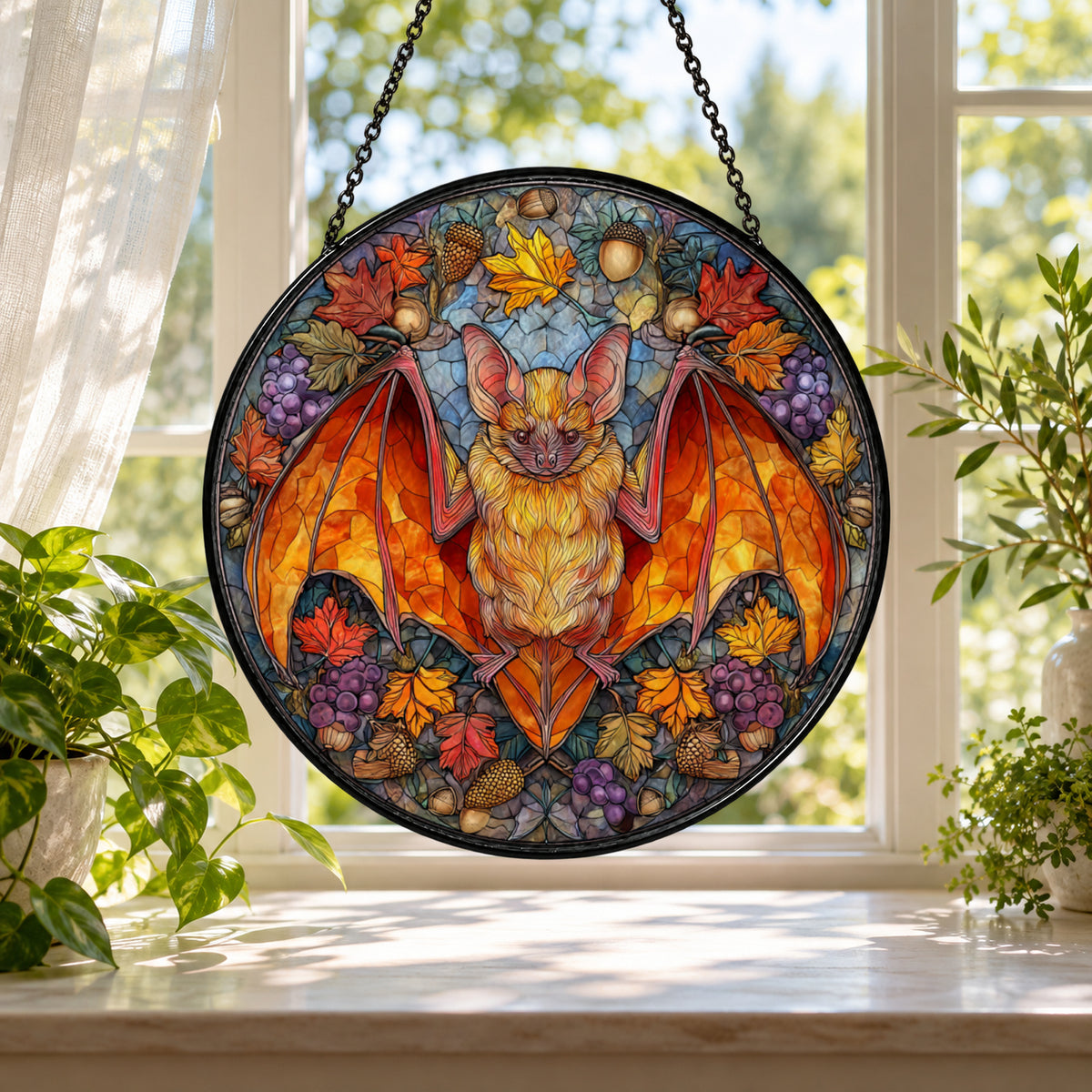 Halloween Bat with Fall Flowers stained glass window suncatcher – third gallery view