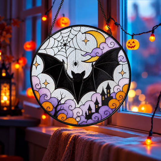 Halloween Black Bat and Purple Clouds stained glass suncatcher window hanging – front design view