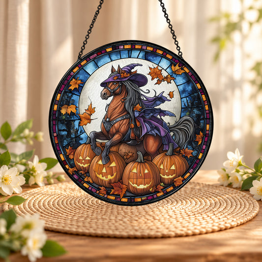 Halloween Fantasy Dragon with Pumpkins stained glass suncatcher window hanging – front design view