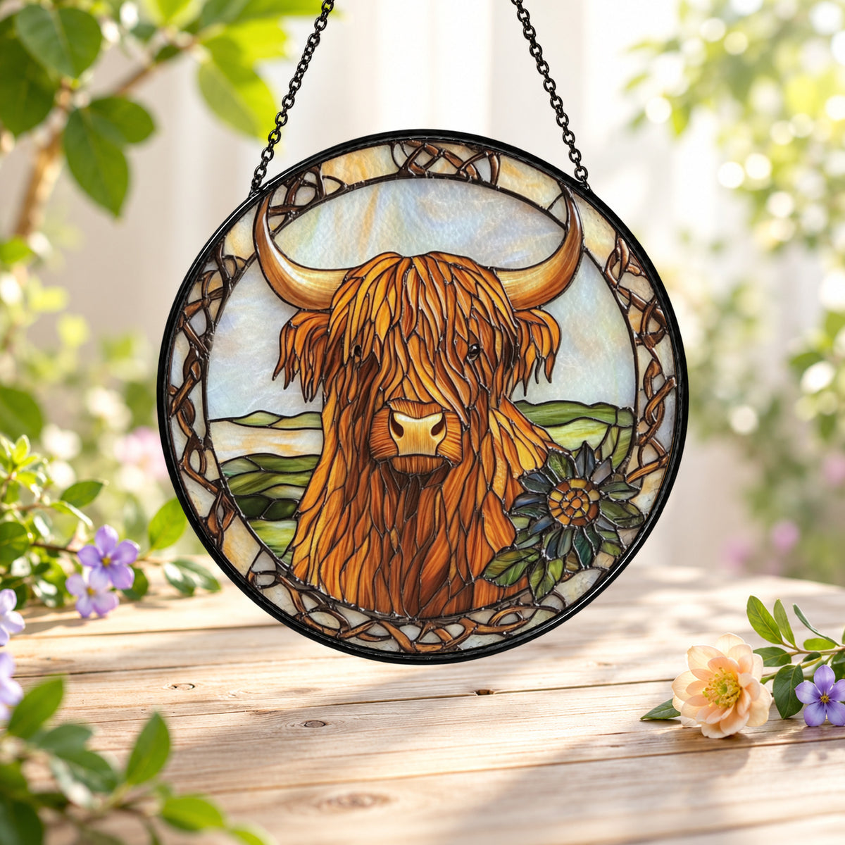 Highland Cow with Wildflowers stained glass suncatcher window hanging – front design view