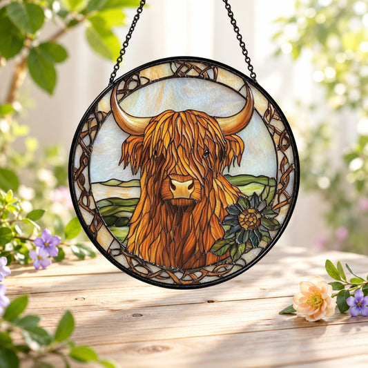 Highland Cow with Wildflowers stained glass suncatcher window hanging – front design view