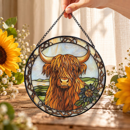 Highland Cow with Wildflowers round stained glass window hanging – second gallery view