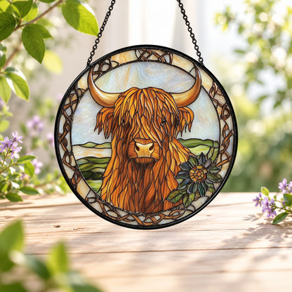 Highland Cow with Wildflowers stained glass window suncatcher – third gallery view