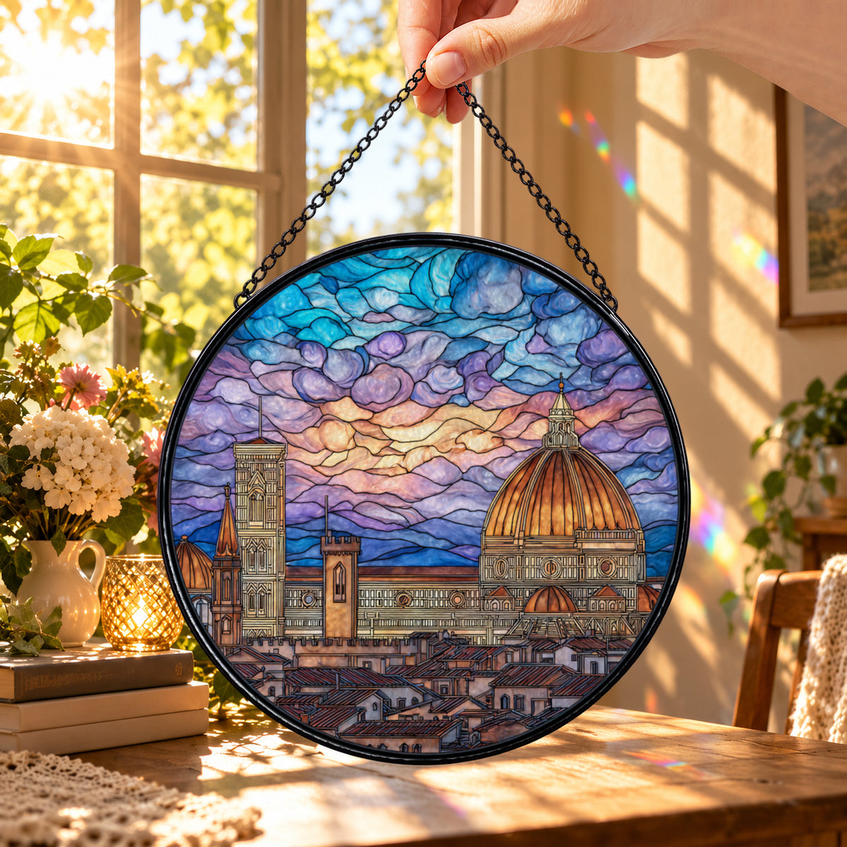 Historic European City at Sunset round stained glass window hanging – second gallery view