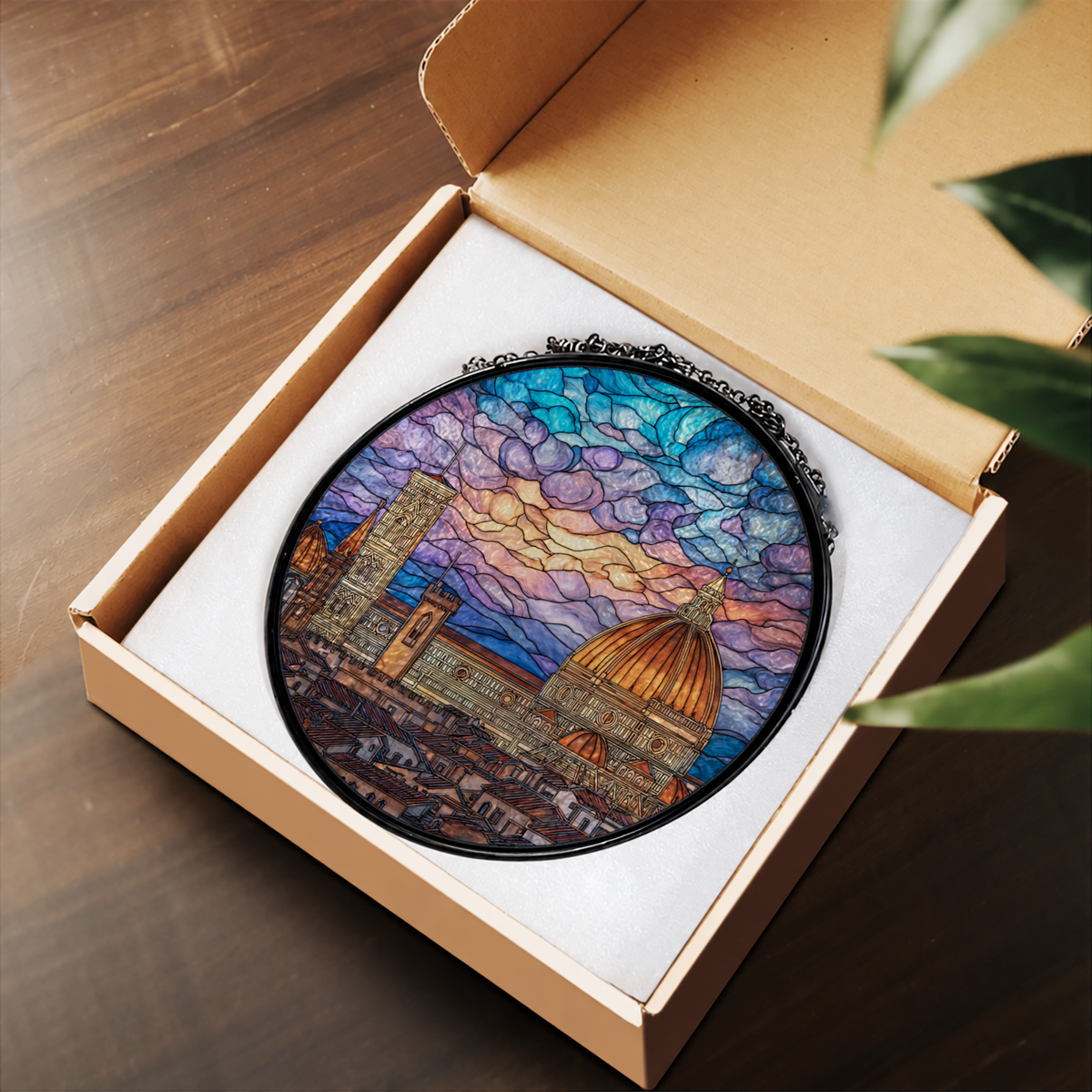 Historic European City at Sunset stained glass suncatcher – flat printed artwork design