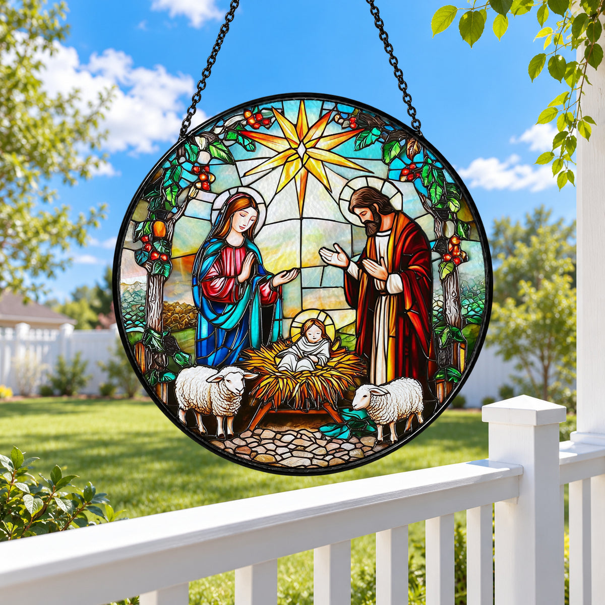Holy Family Nativity at Christmas stained glass suncatcher window hanging – front design view