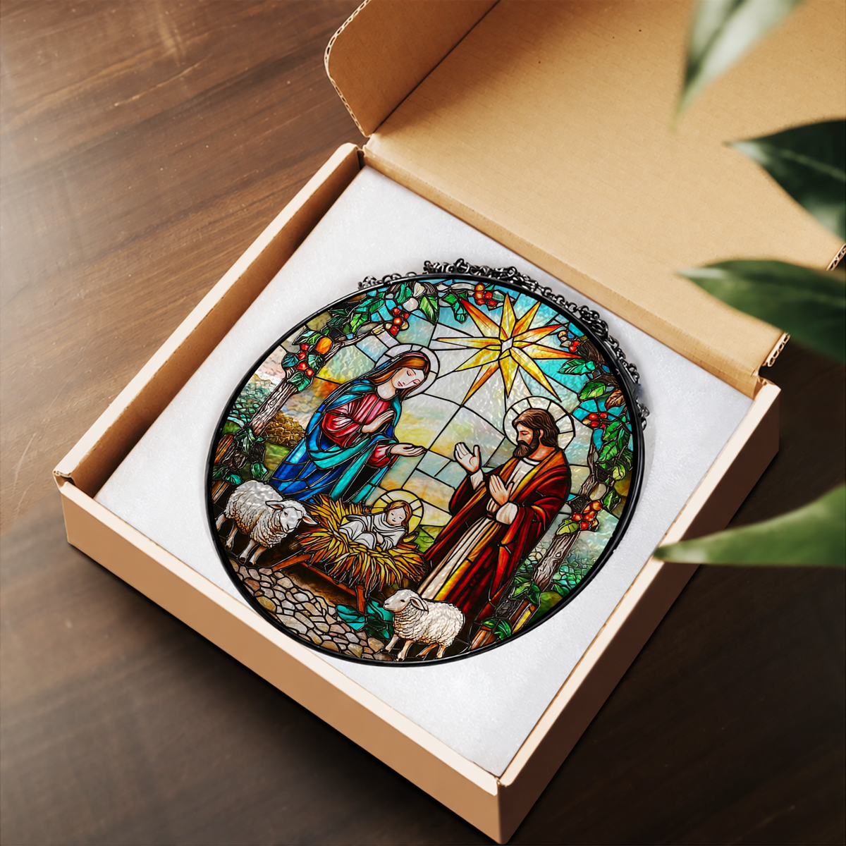 Holy Family Nativity at Christmas stained glass suncatcher – flat printed artwork design