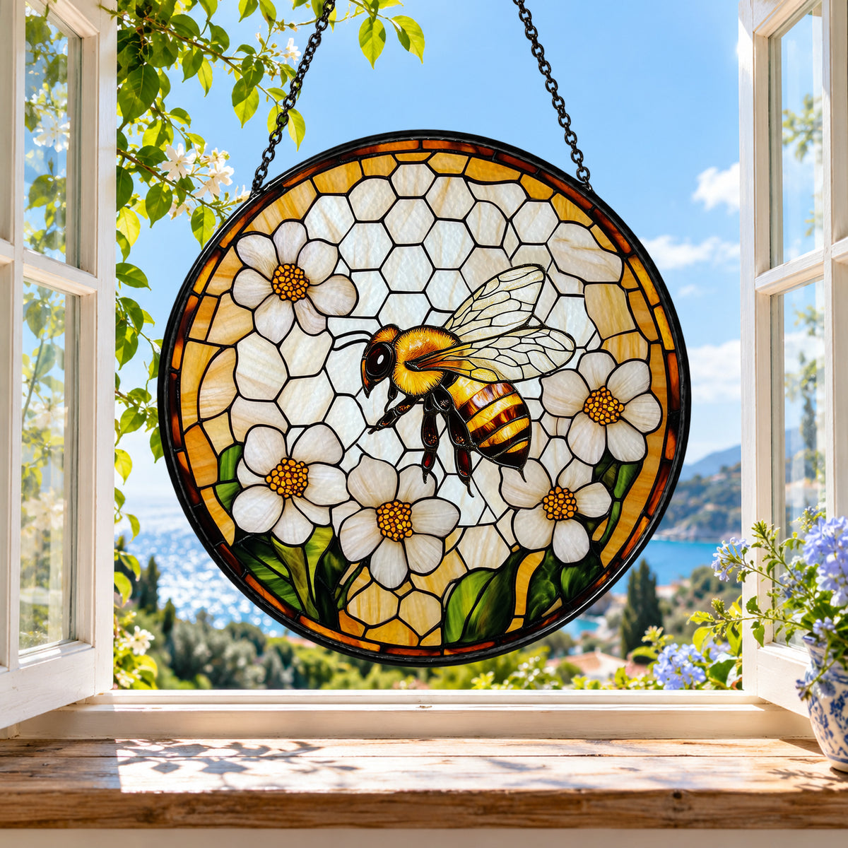 Honeybee on White Daisy Flower stained glass suncatcher window hanging – front design view
