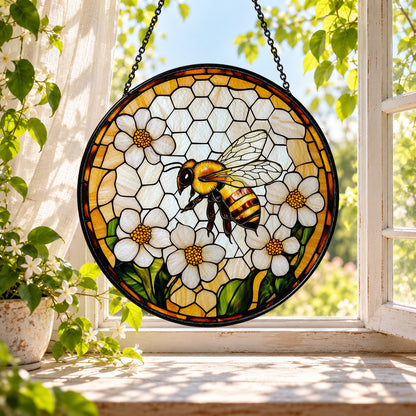 Honeybee on White Daisy Flower stained glass window suncatcher – third gallery view