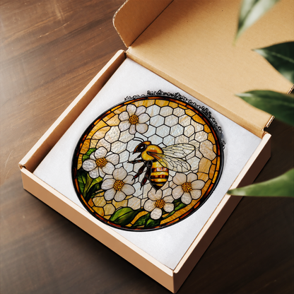 Honeybee on White Daisy Flower stained glass suncatcher – flat printed artwork design